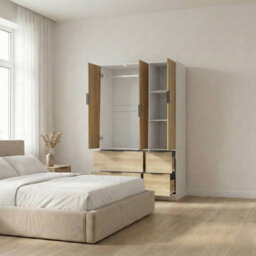 Urbn-Living Urbnliving 3 Door Wardrobe With 4 Drawers  Wooden Bedroom Storage Cupboard With Hanging Rail For Clothes - White Unit & Oak Doors - thumbnail 3