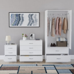 Lassic Vida Designs Riano 3 Piece Bedroom Set (3 Drawer Bedside Chest, 4 Drawer Chest, 2 Door 2 Drawer Wardrobe), White - thumbnail 2