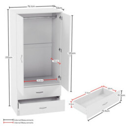 Lassic Vida Designs Riano 3 Piece Bedroom Set (3 Drawer Bedside Chest, 4 Drawer Chest, 2 Door 2 Drawer Wardrobe), White - thumbnail 3