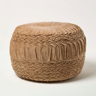 Homescapes Taupe Velvet Pouffe, Sofia Pleated Ottoman Footstool, Soft Round Velvet Seat For Living Room Or Bedroom - image 1
