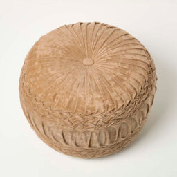 Homescapes Taupe Velvet Pouffe, Sofia Pleated Ottoman Footstool, Soft Round Velvet Seat For Living Room Or Bedroom - thumbnail 5