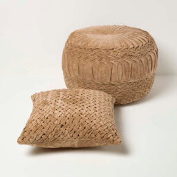 Homescapes Taupe Velvet Pouffe, Sofia Pleated Ottoman Footstool, Soft Round Velvet Seat For Living Room Or Bedroom - thumbnail 6