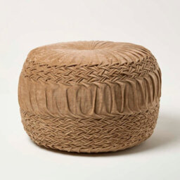 Homescapes Taupe Velvet Pouffe, Sofia Pleated Ottoman Footstool, Soft Round Velvet Seat For Living Room Or Bedroom