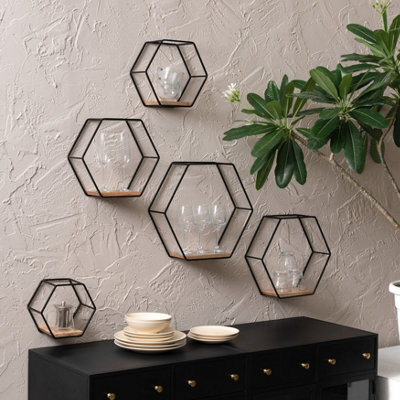 MH London Haverstock Wall Shelf Floating Shelf Wall Mounted Shelf Book Shelves Solid Wood & Iron Black & Natural Set Of 5 - image 1