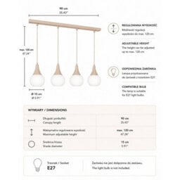 Luminosa Lighting Luminosa Lacrima Bar Pendant Ceiling Light Beige White Glass Shade 4X E27 - thumbnail 4