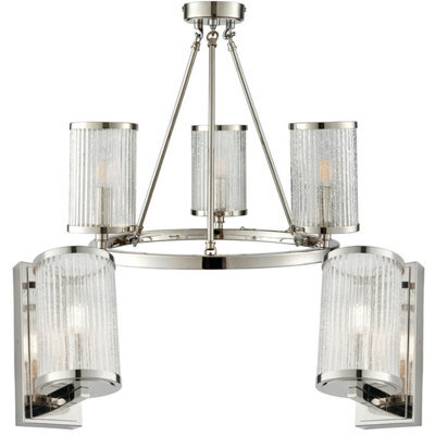 3 Lamp Ceiling & 2X Matching Wall Light Pack Bright Nickel & Ribbed Glass Shade - image 1