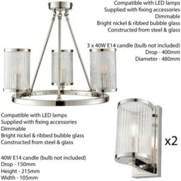 3 Lamp Ceiling & 2X Matching Wall Light Pack Bright Nickel & Ribbed Glass Shade - thumbnail 2