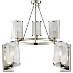 3 Lamp Ceiling & 2X Matching Wall Light Pack Bright Nickel & Ribbed Glass Shade - thumbnail 1