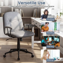 Costway Home Office Desk Chair Pu Leather Swivel Makeup Vanity Chair-Grey - thumbnail 6