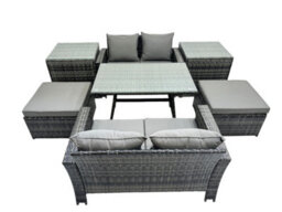 Fimous 6 Seater Wicker Pe Rattan Furniture Outdoor Dining Table Double Seat Sofa 2 Big Stool 2 Side Table Set Dark Grey Mixed - thumbnail 2