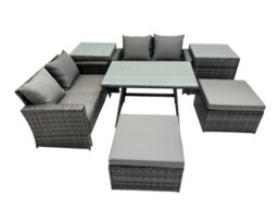Fimous 6 Seater Wicker Pe Rattan Furniture Outdoor Dining Table Double Seat Sofa 2 Big Stool 2 Side Table Set Dark Grey Mixed - thumbnail 1