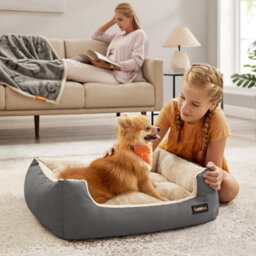 Dog Sofa Bed, Comfortable Raised Pet Bed With Reversible Cushion And Anti-Slip Bottom, Dove Grey And Sand Beige - thumbnail 1