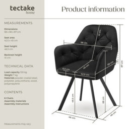 Tectake Set Of 6 Armchair Lucia - Padded, Quilted Pattern, 180 Degree Swivel Chair  - Black - thumbnail 6