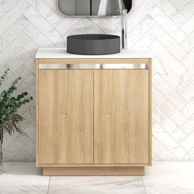 Royal Bathrooms Orion 800mm Natural Oak Floor Standing Plain White Countertop Vanity Unit 2 Door With Art Round Basin & Chrome Accent Trim - image 1