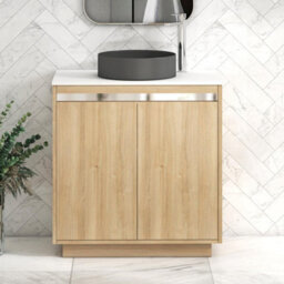 Royal Bathrooms Orion 800mm Natural Oak Floor Standing Plain White Countertop Vanity Unit 2 Door With Art Round Basin & Chrome Accent Trim - thumbnail 1