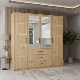 M N Furniture Ltd Bruno Modern 4-Door Wardrobe With Mirror With 3 Storage Drawers, Spacious Design - Artisan W200Cm X H200Cm - thumbnail 1