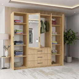 M N Furniture Ltd Bruno Modern 4-Door Wardrobe With Mirror With 3 Storage Drawers, Spacious Design - Artisan W200Cm X H200Cm - thumbnail 4