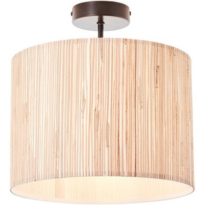 Loops Natural Seagrass Matt Black Semi Flush Low Ceiling Light - 10W Led E27 - image 1