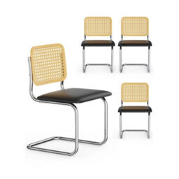 Vonhaus Dining Chairs Set Of 4, Rattan Cantilever Chairs For Dining Room, Mid Century Black Kitchen Chair With Chrome Frame