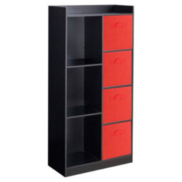 Urbn-Living Urbnliving Height 128Cm Wooden Black 7 Cube Bookcase With Red Drawers Tall Shelving Display Storage Unit Cabinet