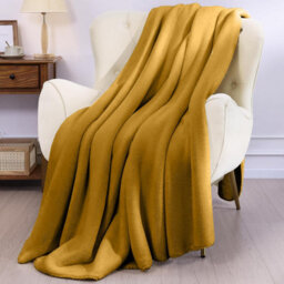 Ameha Fleece Plain Blanket, Lightweight & Reversible Throw For Travel, Bed & Sofa Blanket, Ochre Super King 230X270Cm - thumbnail 5