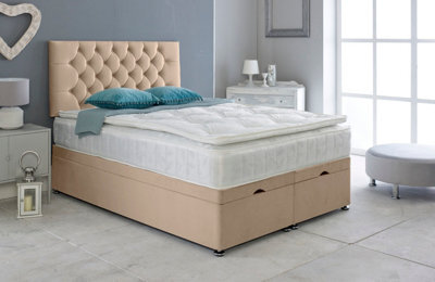 Adore Designs Chesterfield Plush Velvet Ottoman Storage Bed, With Pillow Top Mattress - 6Ft Super King - Coffee