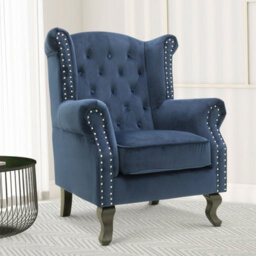 Velvet Wingback Fireside Chair Armchair With Buttons Navy Blue