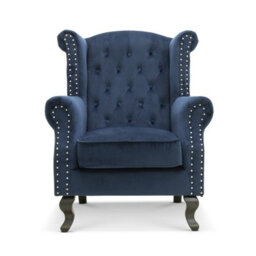 Velvet Wingback Fireside Chair Armchair With Buttons Navy Blue - thumbnail 2
