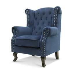 Velvet Wingback Fireside Chair Armchair With Buttons Navy Blue - thumbnail 3
