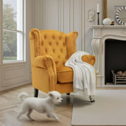 Velvet Wingback Fireside Chair Armchair With Buttons Navy Blue - thumbnail 8