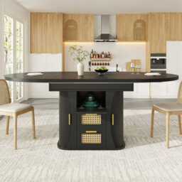 Abrihome Extendable Dining Table 118 To158Cm With Rattan Drawers Storage, Mdf Wood Look Finish In Black Natural Oak Effect For Home Kitchen - thumbnail 8