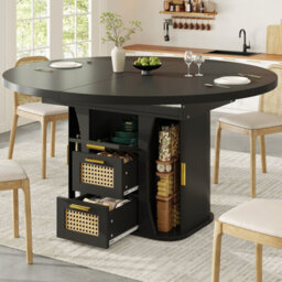 Abrihome Extendable Dining Table 118 To158Cm With Rattan Drawers Storage, Mdf Wood Look Finish In Black Natural Oak Effect For Home Kitchen - thumbnail 2