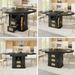 Abrihome Extendable Dining Table 118 To158Cm With Rattan Drawers Storage, Mdf Wood Look Finish In Black Natural Oak Effect For Home Kitchen