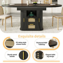 Abrihome Extendable Dining Table 118 To158Cm With Rattan Drawers Storage, Mdf Wood Look Finish In Black Natural Oak Effect For Home Kitchen - thumbnail 3