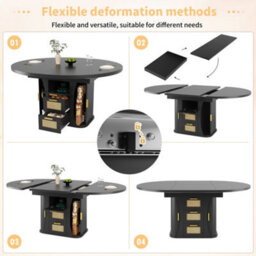 Abrihome Extendable Dining Table 118 To158Cm With Rattan Drawers Storage, Mdf Wood Look Finish In Black Natural Oak Effect For Home Kitchen - thumbnail 5