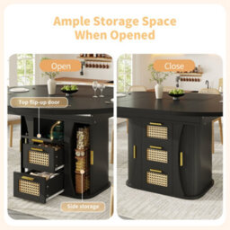 Abrihome Extendable Dining Table 118 To158Cm With Rattan Drawers Storage, Mdf Wood Look Finish In Black Natural Oak Effect For Home Kitchen - thumbnail 4