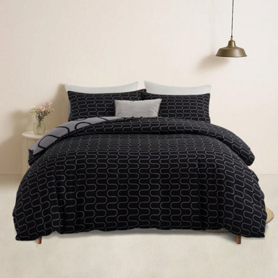 Bedlooms Black & Grey Wave Printed Duvet Cover Set, Reversible & Hypoallergenic Bedding Pack, Double 200X200Cm - image 1