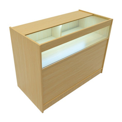MonsterShop Maple Shop Counter Led Light B 1200mm Lockable Sliding Doors 2 Keys Retail Storage Unit Display Showcase Cabinet Reception Desk - image 1