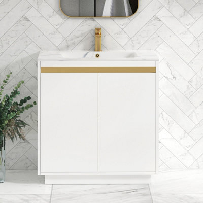 Royal Bathrooms Orion 800mm Matt White 2 Door Floor Standing Vanity Unit With Carrara White Basin & Brushed Brass Accent Trim - image 1