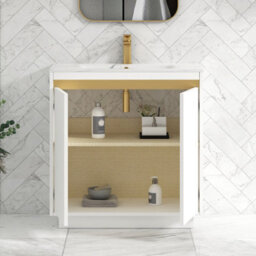 Royal Bathrooms Orion 800mm Matt White 2 Door Floor Standing Vanity Unit With Carrara White Basin & Brushed Brass Accent Trim - thumbnail 4