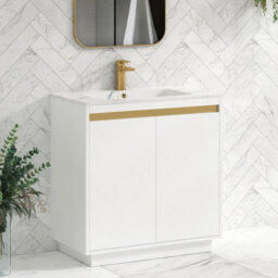 Royal Bathrooms Orion 800mm Matt White 2 Door Floor Standing Vanity Unit With Carrara White Basin & Brushed Brass Accent Trim - thumbnail 6