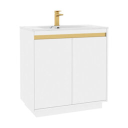 Royal Bathrooms Orion 800mm Matt White 2 Door Floor Standing Vanity Unit With Carrara White Basin & Brushed Brass Accent Trim - thumbnail 7