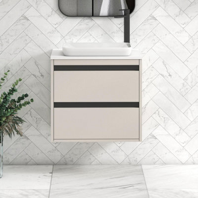 Royal Bathrooms Orion 600mm Warm Taupe Wall Hung Plain White Countertop Vanity Unit 2 Drawer With Qubix Basin & Black Accent Trim - image 1