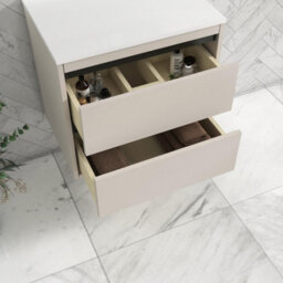 Royal Bathrooms Orion 600mm Warm Taupe Wall Hung Plain White Countertop Vanity Unit 2 Drawer With Qubix Basin & Black Accent Trim - thumbnail 4