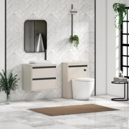 Royal Bathrooms Orion 600mm Warm Taupe Wall Hung Plain White Countertop Vanity Unit 2 Drawer With Qubix Basin & Black Accent Trim - thumbnail 3