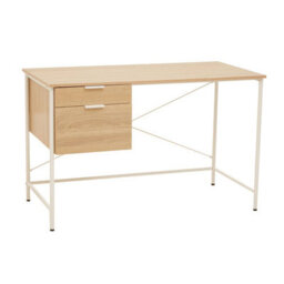 Orsina Natural Oak Veneer Writing Desk With Drawers,office Table,sleek White Metal Frame Desk,storage Workstation