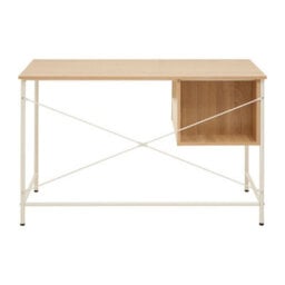 Orsina Natural Oak Veneer Writing Desk With Drawers,office Table,sleek White Metal Frame Desk,storage Workstation - thumbnail 5