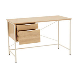 Orsina Natural Oak Veneer Writing Desk With Drawers,office Table,sleek White Metal Frame Desk,storage Workstation - thumbnail 3