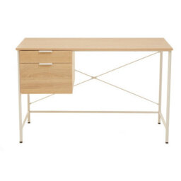 Orsina Natural Oak Veneer Writing Desk With Drawers,office Table,sleek White Metal Frame Desk,storage Workstation - thumbnail 2