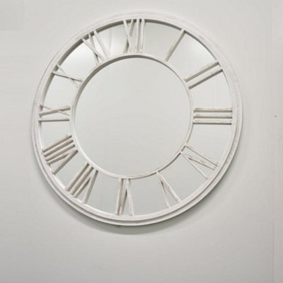 Biznest White Brushed Grey Round Roman Numeral Clock Style Frame Indoor/outdoor Wall Mirror 80Cm Garden Art Decor Window Style